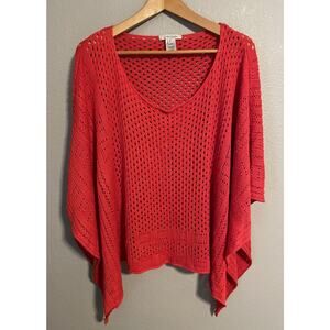 John Mark Crochet Knit Poncho Sweater Womens Medium Red V Neck Layered Pullover